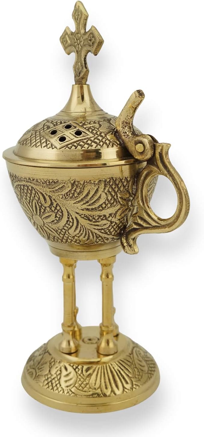 Orthodox Brass Incense Burner - Ornate Christian Censer with Cross for Home or Church Use, 6.3 inch