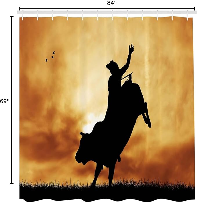 Ambesonne Western Shower Curtain, Bull Rider Silhouette at Sunset Dramatic Sky Rural Countryside Landscape Rodeo, Cloth Fabric Bathroom Decor Set with Hooks, 69" W x 84" L, Amber Black