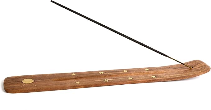Incense Garden Wooden Incense Holder for Sticks with Inlays of Brass Sun 10 inches Long