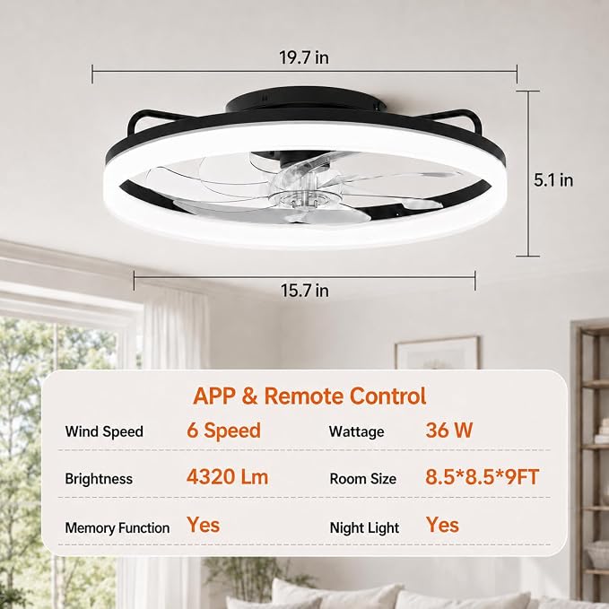 20 Inch Low Profile Ceiling Fans with Lights and Remote, Black | Flush Mount 7-Blade Fandelier with App Control, 3CCT Dimmable, Quiet Reversible DC Motor, 6 Speeds Ceiling Fan for Bedroom