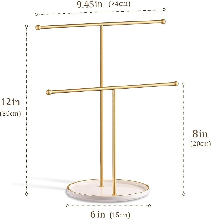 Jewelry Stand with Ceramic Tray, Necklace Holder, Gold Bar White Base | Ceramic Base, Gift for Women & Girls, Hanging Necklace Organizer Tree, Earrings, Bracelets, Rings, small