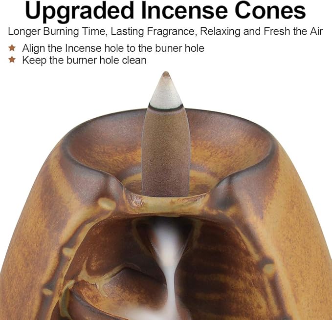 SPACEKEEPER Ceramic Backflow Incense Holder Incense Burner Waterfall, with 120 Backflow Incense Cones & 30 Incense Stick, Aromatherapy Ornament Home Decor, Brown