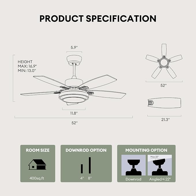 Ceiling Fans with Lights and Remote Control, 52 Inch Black Ceiling Fan for Bedroom Living Room and Patio, Medium Modern Black Ceiling Fan for Indoor and Outdoor