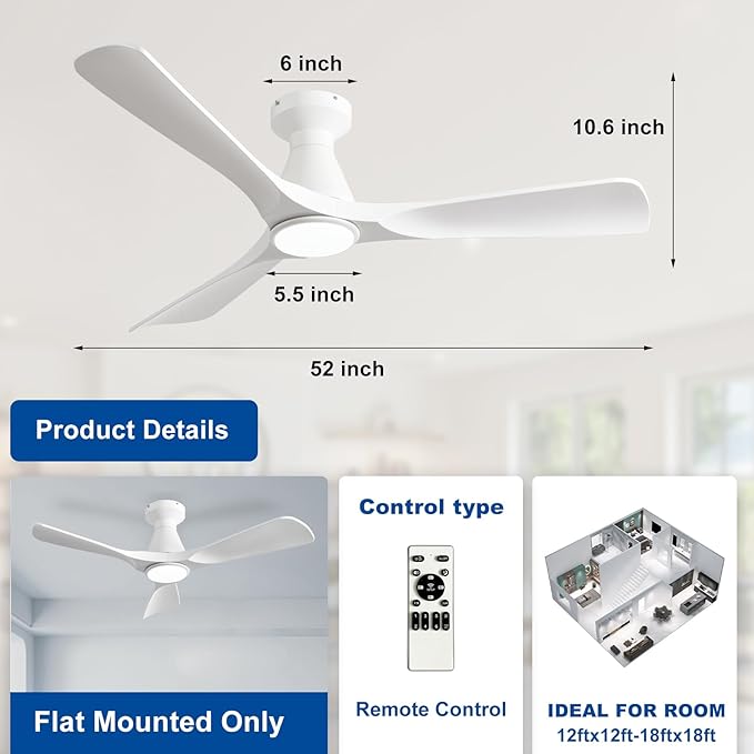 Depuley 52-Inch Ceiling Fans with Lights: White 3 Blade Flush Mount Low Profile Ceiling Fan for Bedroom - Dimmable Indoor Outdoor Fan with Remote Control Ultra Quiet DC Motor Timer