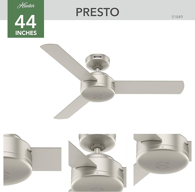 Hunter Presto, Indoor, Ceiling Fan, No Light, Modern, 44 inch, Matte Nickel | SureSpeed high velocity airflow you can feel; no-light design and 3D Interactive Guide support small rooms and offices.