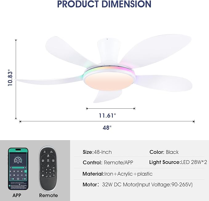 PHORUS 48" White Modern Low Profile RGB Ceiling Fans with Lights and Remote | 13 RGB Modes,Supports Remote and APP,6 Wind Speeds, Reversible, Dimmable 3 CCT LED, 30W DC Motor,Suits for Bedroom Kidsroom