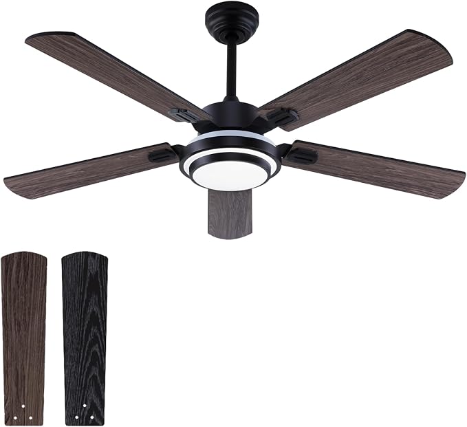 QUTWOB 52" Brushed Nickel Ceiling Fans,Farmhouse 5 Blades Ceiling Fans with Lights, Indoor/Outdoor Ceiling Fan with Remote Control for Patio, Bedroom,Living Room,Dining Room,etc. (Black)
