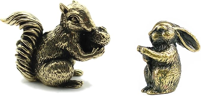2PCS Antique Bronze Small Squirrel Rabbit Ornament Solid Copper Statue Figurines Brass Squirrels Nuts Tea Pet Incense Holder Desk Decoration