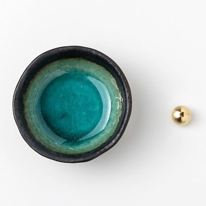 Asayu Japan Small Mini Incense Holder for Sticks, Nature Aquamarine Color, 3.3 inch (83mm), Made in Japan Ceramic Ash Catcher & Brass Incense Burner Set for Relaxation, Meditation, Office & Home Decor