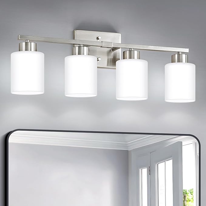FonmYim Brushed Nickel Bathroom Light Fixtures, 4-Light Modern Vanity Light Over Mirror, Wall Sconces with Milky White Frosted Glass Shades, E26 Socket (Bulbs Not Included)