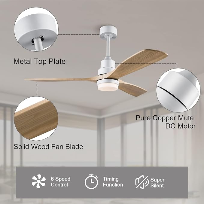 52 Inch Solid Wood Ceiling Fans with Lights, White Modern Ceiling Fan Light with Remote Silent Reversible DC Motor, Dimmable Led Home Decor Fan for Bedroom Living Room Patio