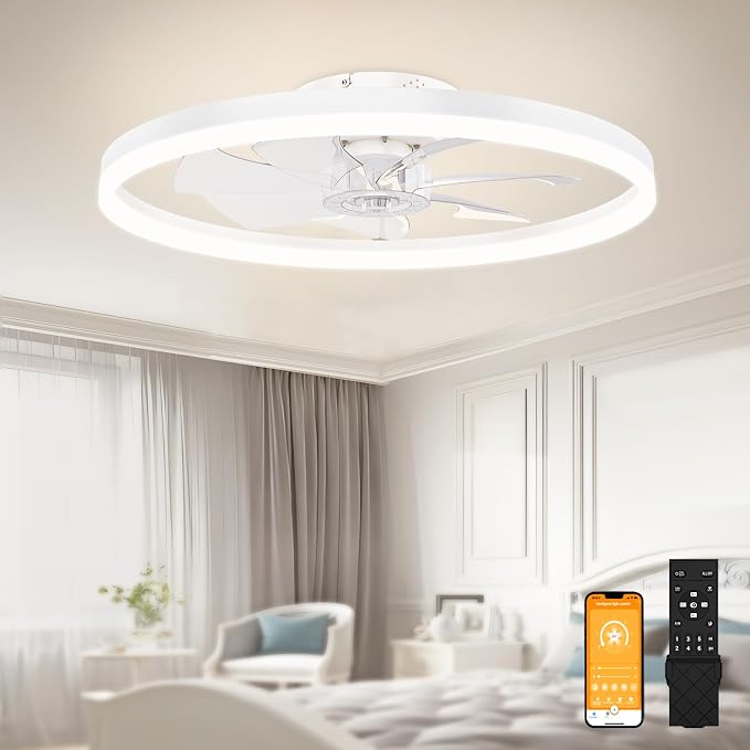 VOLISUN Low Profile Ceiling Fans with Light and Remote,No Assembly,23.6in Bladeless Ceiling Fan with Lights,3000K-6500K Dimmable Flush Mount LED Fan Light,White Fandelier Ceiling Fans for Bedroom