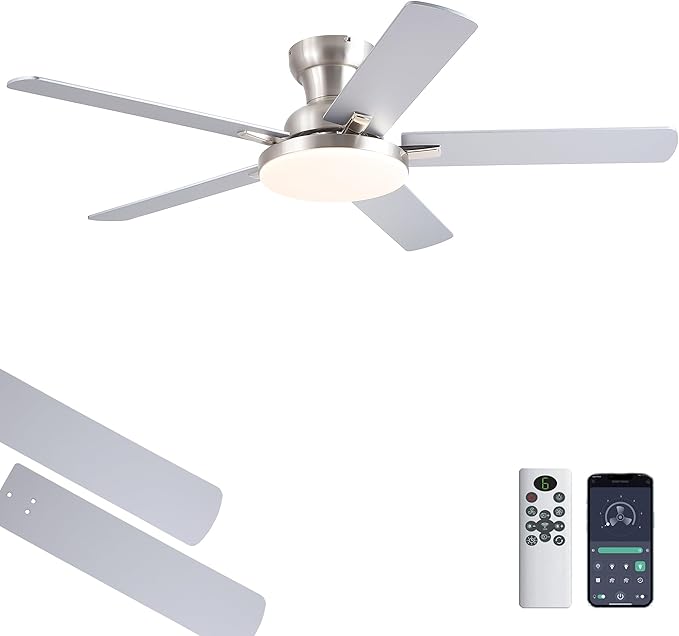 Ceiling Fans with Lights, 52 inch Flush Mount Ceiling fan with Remote Control, Low Profile Ceiling Fan for Bedroom, Farmhouse, Reversible, 3CCT, Dimmable, Noiseless DC Motor, Nickel