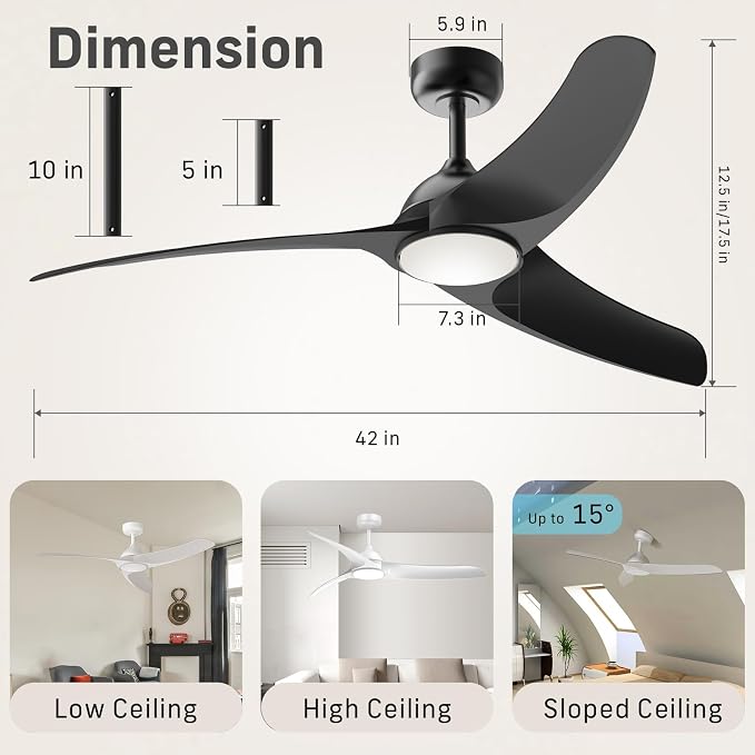 Ceiling Fans with Lights, 42 inch Low Profile Ceiling Fan with Light and Remote Control, Flush Mount, 3CCT, Dimmable, Quiet Reversible Motor, Black Ceiling Fan for Bedroom Indoor/Outdoor Use