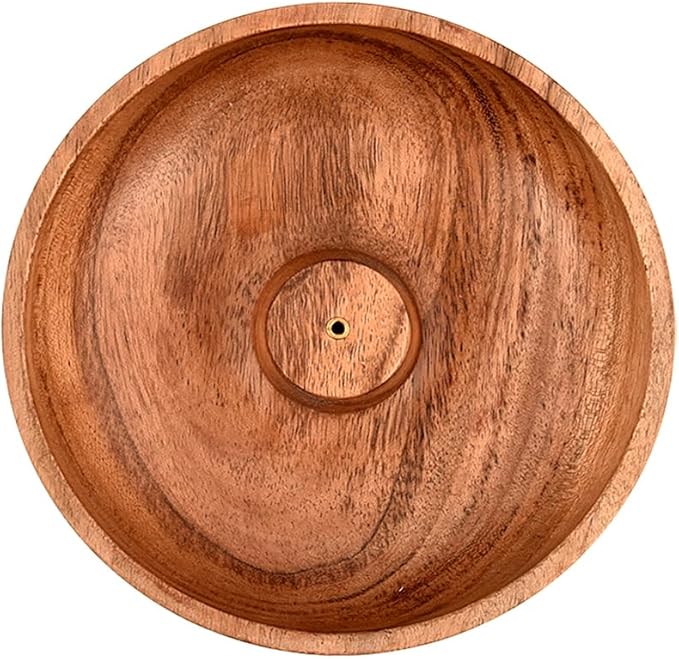 Samhita Acacia Wood Round Incense Stick Holder,Incense Burner, Ash Cather and Aromatherapy Ornament Home Décor (5" x 5" x 1.5")