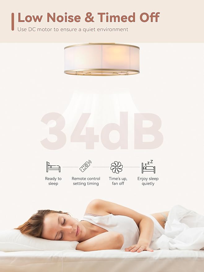 Low Profile Ceiling Fans with Lights, 20" Gold Boho Ceiling Fan with Light Flush Mount and Remote Control, Drum Caged with 6 Speeds for Bedroom, Nursery, Living Room