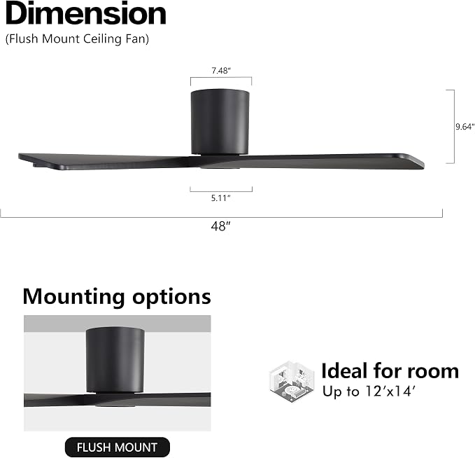 WINGBO 48 Inch Flush Mount DC Ceiling Fans without Lights, 5 Carved Solid Wood Blades, 6-Speed Reversible DC Motor, Low Profile Hugger Ceiling Fan No Lights for Indoor and Outdoor, Matte Black
