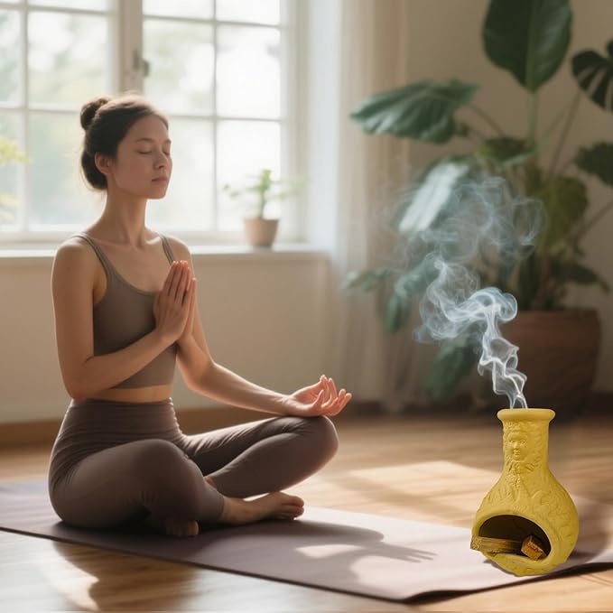 MOUGIGI Palo Santo Burner Holder,Yellow Mini Chiminea with Chimney Handmade Smudge Bowl fits sage, Incense Cones, Sticks, Small Candle; with ash Collection. Great for Zen Meditation, Altar Fireplace