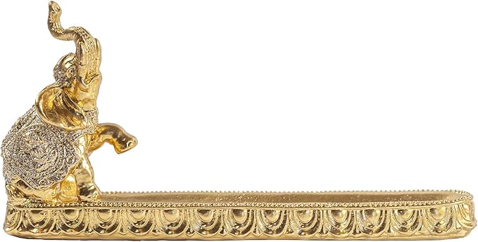 Decorative Gold Elephant Incense Holder Tray, Ornate Design with Trunk Up Figurine, Home Decor Accent Piece