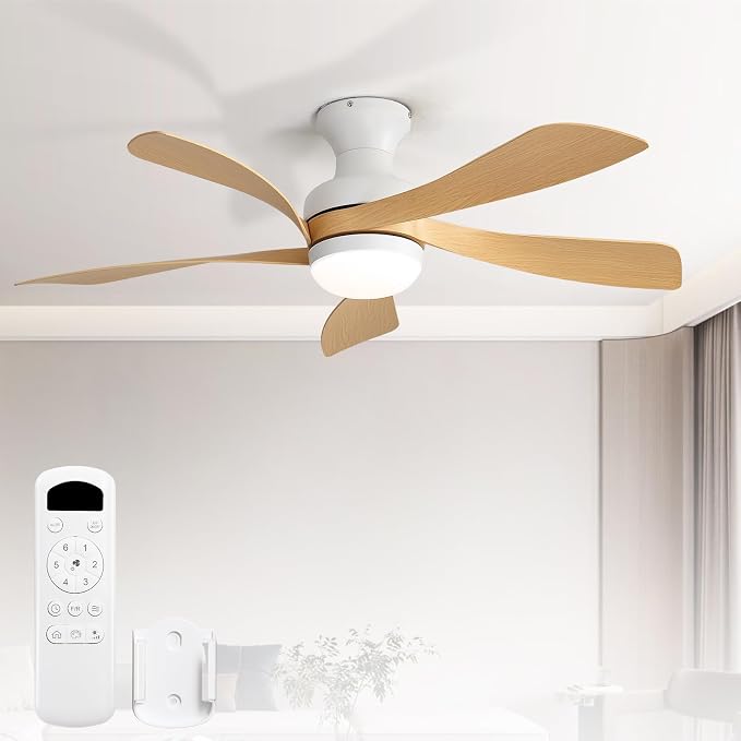 Sofucor 42 Inch Low Profile Ceiling Fan with Light, Modern Flush Mount Outdoor Ceiling Fan with Remote for Bedroom Living Room Patio, Dimmable LED High Airflow Quiet Reversible DC Motor