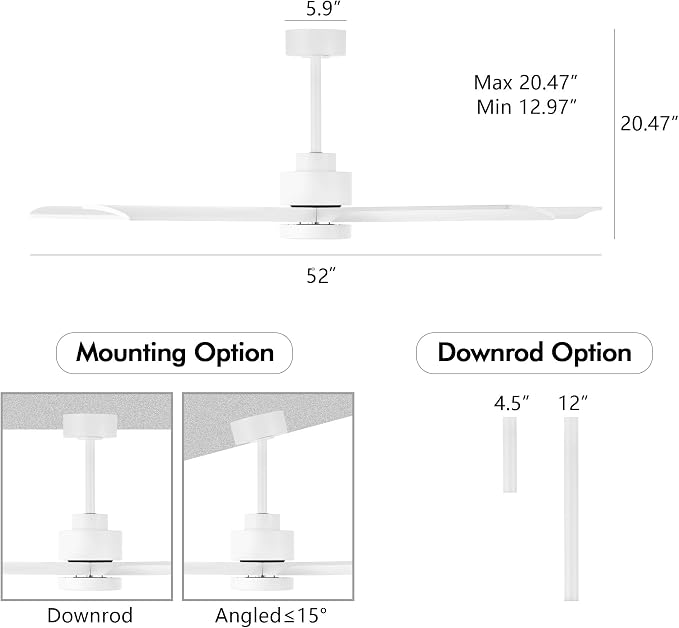 ELEHINSER 52" Modern Ceiling Fan with Light and Remote Control, 5 Solid Wood Blades 6-Speed Noiseless Reversible DC Motor, Ceiling Fan for Bedroom Dinning Living Room, White