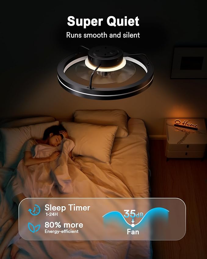 Lumary Smart Ceiling Fan Light with 2200K Nightlight, WiFi & Bluetooth Low Profile Ceiling Fan with Light Remote for Bedroom, RGBAI & 42 Scenes Mode, Flush Mount Easy to Install, 5000 LM, 19in Black