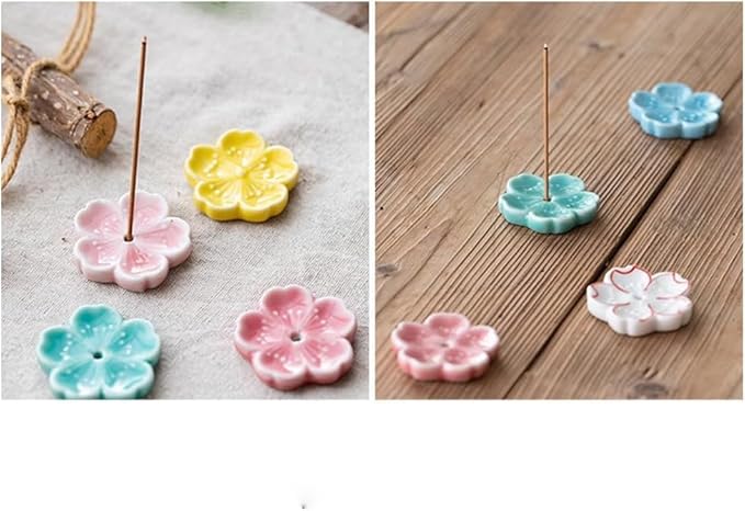 Set of 5, Japanese Mini Cherry Blossom Ceramic Incense Stick Holder or Incense Burner Holder, Handmade Cute Multicolour Unique Ash Catcher Inscent Tray and Decorative Gift, Home Decor, 1.7 inches