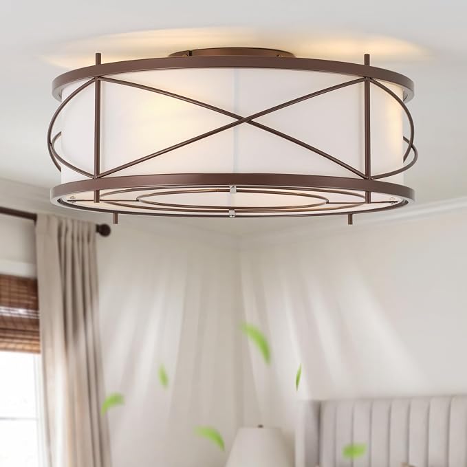 Brown Flush Mount Farmhouse Ceiling Fan with Lights, 20" Caged Rustic Ceiling Fans with Light and Remote, Enclosed with 6 Speeds for Living Room, Bedroom, Nursery