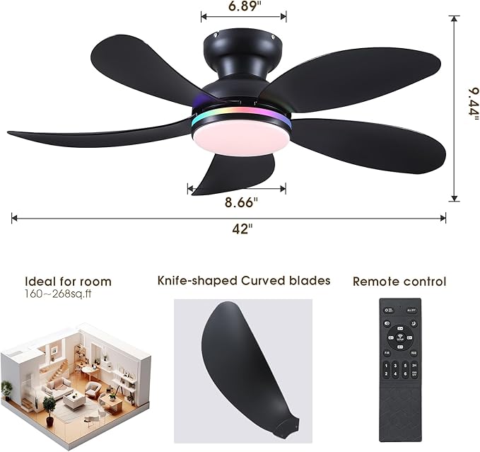 PHORUS 42" Black Modern Low Profile RGB Ceiling Fans with Lights and Remote | 14 RGB Modes,Supports Remote and APP,6 Wind Speeds, Reversible, Dimmable 3 CCT LED, 30W DC Motor,Suits for Bedroom Kidsroom