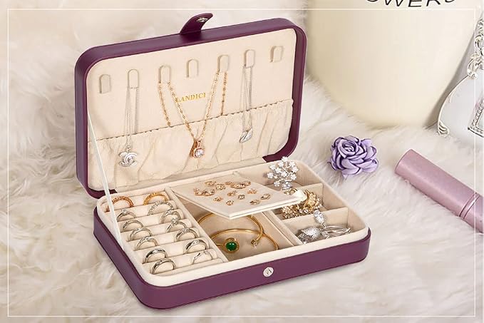 LANDICI Small Jewelry Box for Women Girls, PU Leather Travel Jewelry Case, Portable Jewelry Organizer Storage Holder Display for Ring Earrings Necklace Bracelet Bangle Men Kids Gift, Purple