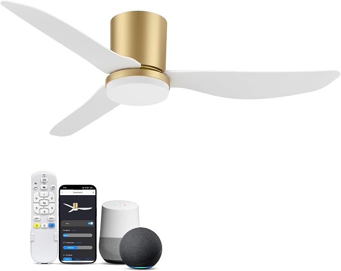 42 Inch Smart Ceiling Fans with Lights Remote,Low Profile Ceiling Fan Control via WIFI Voice Alexa App,Modern Flush Mount Fans for Small Bedroom,Patio,Porch,Outdoor Indoor,White and Gold,Ultra-quiet