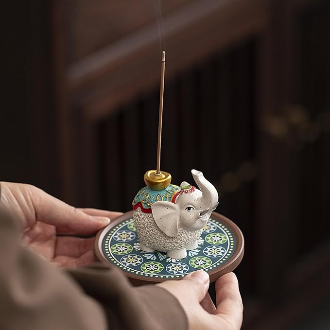 Lucky Elephant Incense Holder - Handmade Burner with Ash Tray for Meditation Yoga, Home Decor & Spiritual Gifts