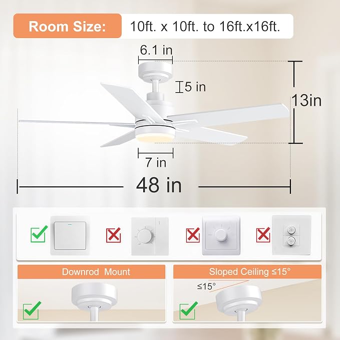 YUHAO 48 Inch White Ceiling Fan with Light and Remote Control.Noiseless,Dimmable, 3CCT,6 Speeds Reversible, Modern DC Ceiling Fans for Indoor or Covered Outdoor Use,ETL Listed
