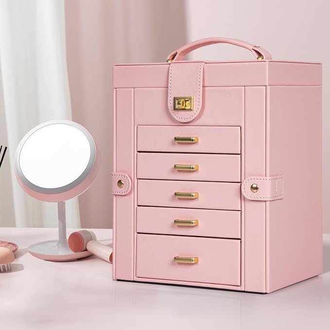 AKOZLIN 6-Tier Jewelry Box Organizer Functional 5 Drawers Leather Jewelry Storage Case for Women Girls Ring Necklace Earring Bracelet Holder Organizer with Mirror Light Pink Regular