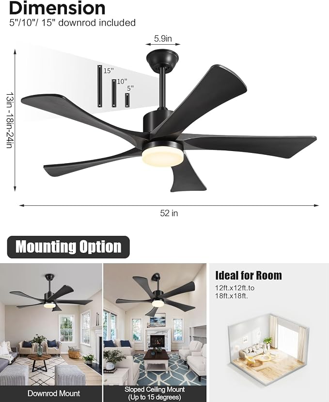 52 Inch Ceiling Fans with Light Remote, Black Ceiling Fan USA Original Patent, 3 Downrods, 5 Wood Blades,ETL Listed, 6 Speed Quiet DC Motor Outdoor Indoor Fan for Bedroom, 52" Black
