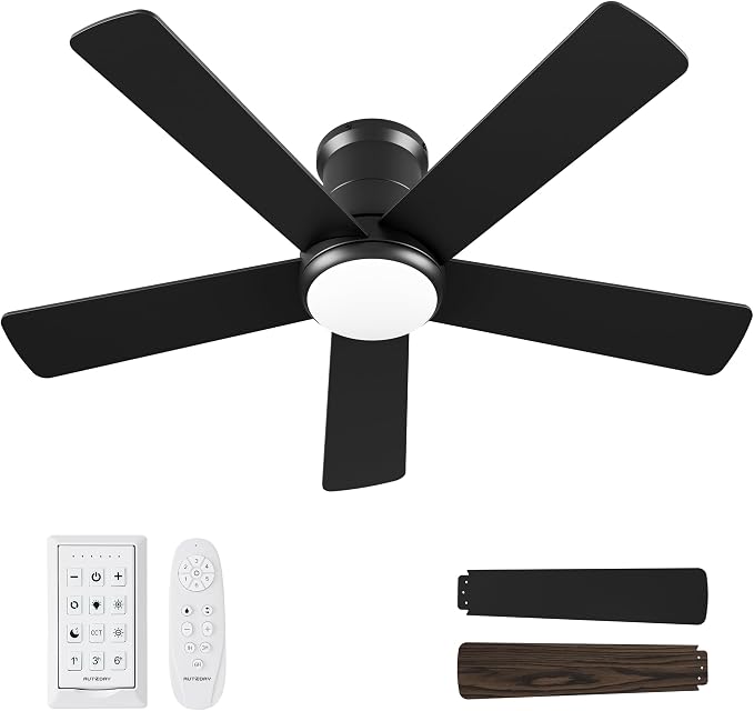 42 Inch Low Profile Ceiling Fan with Light, Black Ceiling Fans with Lights and Remote, Flush Mount, 6 Speeds Reversible Quiet DC, 3CCT Dimmable, Indoor Outdoor Ceiling Fans for Patios Bedroom