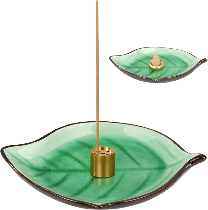 Incense Holder for Sticks (9 Holes) and Cones, Handmade Ceramic Incense Ash Catcher for Meditation, Yoga, SPA Days, Relaxing, Home Decor, Candle Holder, Easy to Clean, Leaf-Shape (Green)