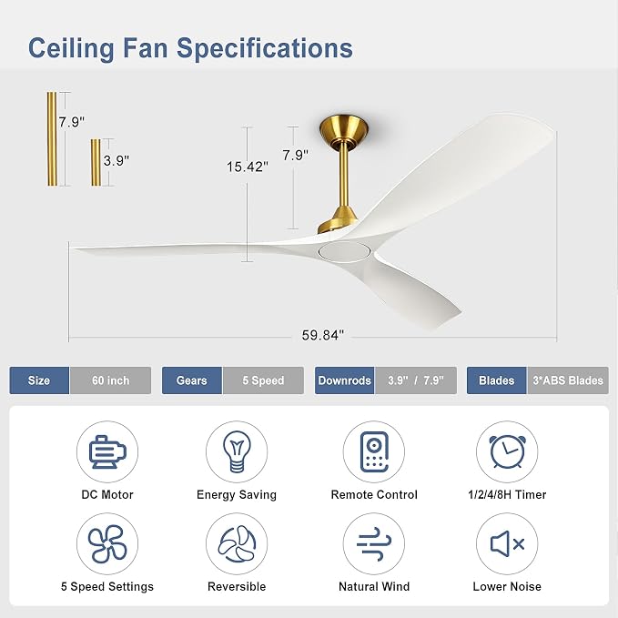 Modern Ceiling Fan with Remote: White and Gold Ceiling Fans 3 Blades - 60 Inch Ceiling Fan No Light for Covered Outdoor Living Room Bedroom