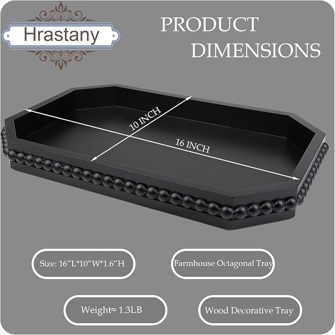 Hrastany Wood Rustic Serving Tray with Beads, Farmhouse Black Decorative Tray for Table Centerpiece, Christmas Wedding Halloween Home Decor
