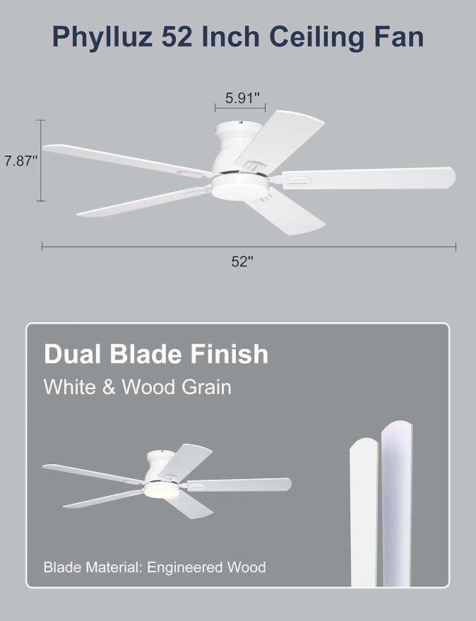 52'' Low Profile Ceiling Fan with Lights for Bedroom, Living Room | App/Remote Control, Flush Mount, Space-Saving, Quiet DC Motor, 3CCT Dimmable, 6 Speeds Modern Overhead Fan for Low Ceilings