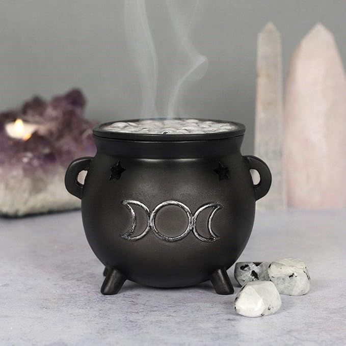 Green Tree Triple Moon Cauldron Incense Holder, Black