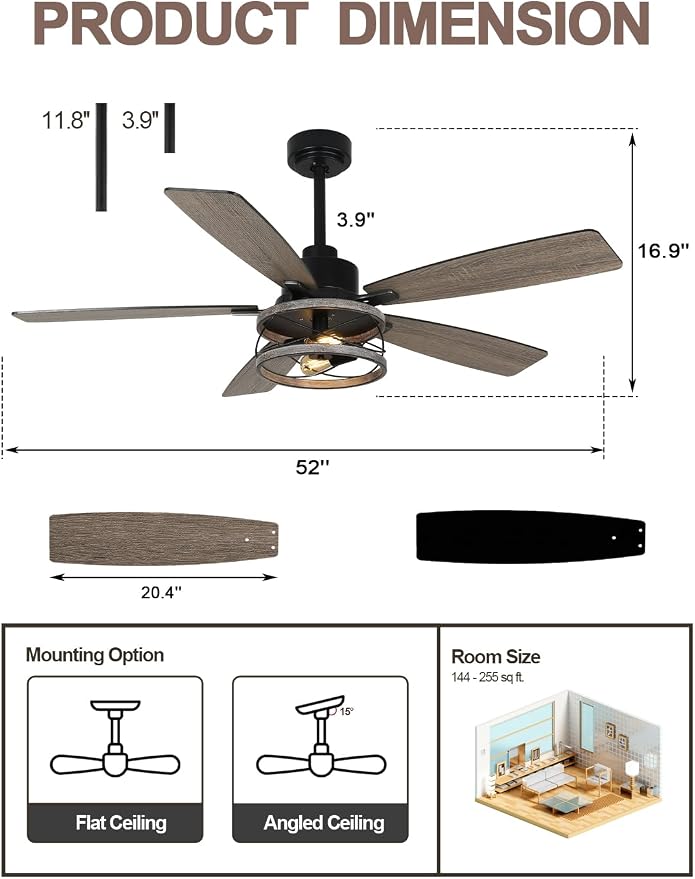52 Inch Farmhouse Ceiling Fan with Light and Remote Rustic Ceiling Fan Quiet and Reversible DC Motor Industrial Drum Chandelier Fan for Living Room Bedroom Patio