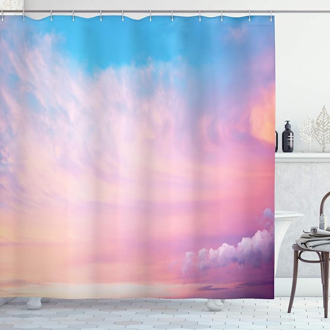 Ambesonne Clouds Shower Curtain, Mystic Sky with Fluffy Clouds Heavenly Inspirational Hope Pastel Colored Nature Theme, Cloth Fabric Bathroom Decor Set with Hooks, 69" W x 75" L, Navy Hot Pink