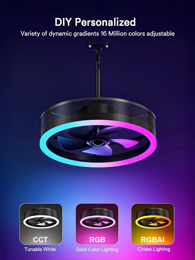 Lumary Smart Gazebo Ceiling Fans with Color Lights for Patios Outdoor, 20in | RGBAI+White Dimmable, Wi-Fi Bluetooth Connect, Work with Alexa/Google/APP, Waterproof Plug in Ceiling Fan with Hook/Remote