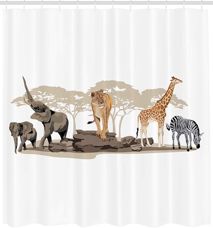 Ambesonne Savannah Shower Curtain, Cartoon Illustration of Wild Savannahs Animals Exotic Giraffe Lion Zebra Print, Cloth Fabric Bathroom Decor Set with Hooks, 69" W x 70" L, Brown Beige