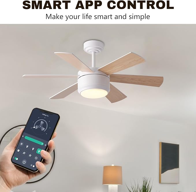 SHOWDI White Ceiling Fans with Lights and Remote, Quick Installation, 42 in | 2 Blade Color, Metal Material, App Remote Control, Timer, Reversible, 3CCT, Dimmable for Bedroom, Living room, Indoor