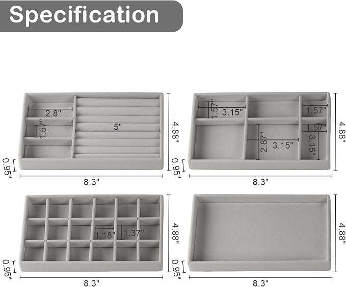 Set of 8 Velvet Jewelry Drawer Organizer Inserts, Stackable Trays with Removable Dividers, Earring and Ring Holder Display for Dresser, Storage Case for Necklace Bracelet Watch - Grey