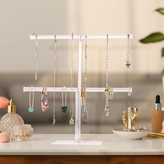 Acrylic Jewelry Stand, 2-Tier Necklace Holder, Jewelry Display Holder | Clear Bracelet Hanging Organizer, Tower Stand for Bangles, Necklaces, Bracelets, Rings, Earrings and Watch