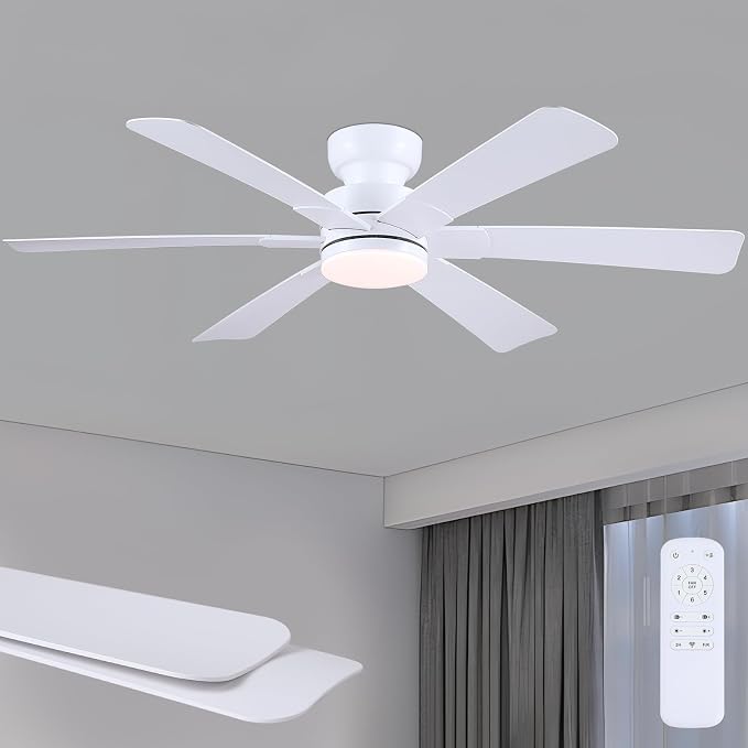 52"6-Blades White Low Profile Flush Mount Ceiling Fan with Light and Remote | Super Large Airflow with 6 Wind Speeds, Reversible, Dimmable 3CCT LED, 30W Quiet DC Motor,Suits for Bedroom Kitchen
