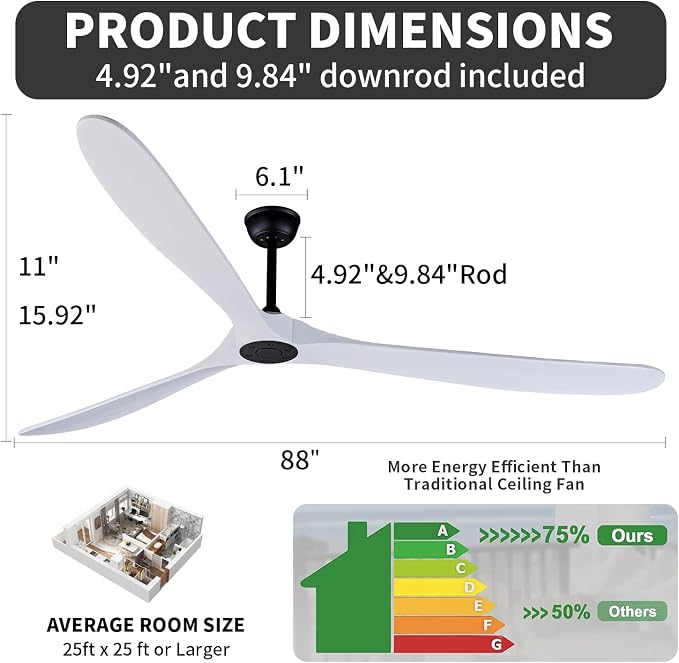 88 Inch Ceiling Fan Without Light, 3 Solid Wood Blades, Remote Control | 6 Speeds Available, Noiseless, fit for Flat/Sloped Ceiling, Wood Blades, desgin for Bedroom/Living Room/Dining Room